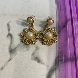 Gold-Tone Pearl Drop Earrings - Elegant Floral Design
